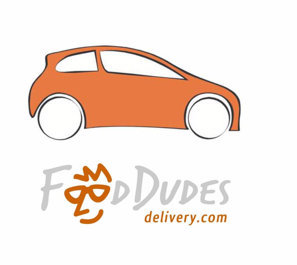 An orange car graphic above the text "Food Dudes delivery.com" in stylized gray and orange letters, with a face made from the letters "F" and "D" in Food Dudes, highlights this food delivery service’s playful branding.