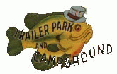 A cartoon fish wearing a hat with the text "Two-Mile Trailer Park and Campground" written across its body.