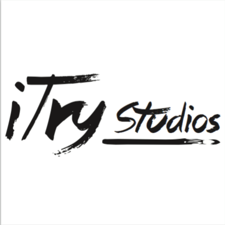 Logo features "iTry Studios" in bold, artistic brushstroke-style black text on a white background, with "Studios" underlined by a dynamic brushstroke. The iTry Studios design exudes creativity and modern flair.
