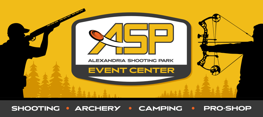 Banner for Alexandria Shooting Park Event Center featuring a silhouette of a person aiming a shotgun on the left and another drawing a bow on the right. Text highlights shooting, archery, camping, and pro-shop at Alexandria Shooting Park.