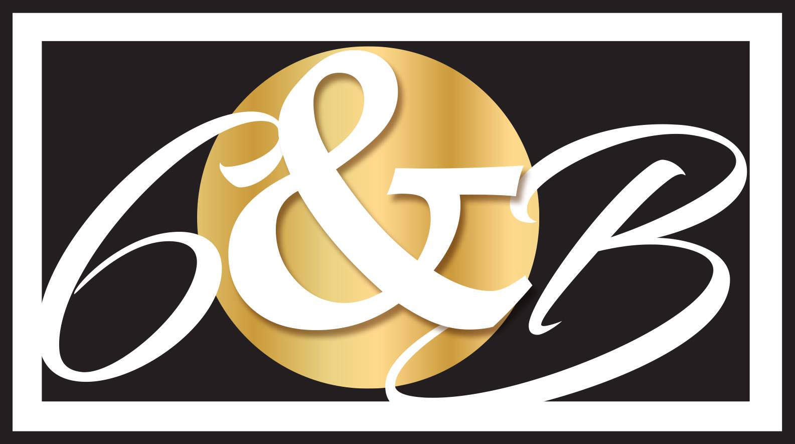 White script “6 & B” over a gold circle and black background, framed by a white rectangular border, represents 6th & Broadway’s distinctive clothing brand.