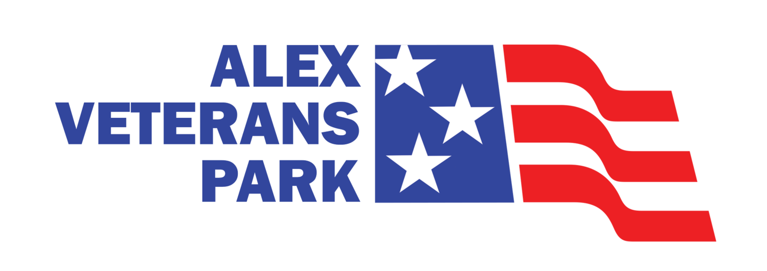Logo for Alex Veterans Memorial Park with blue text and a stylized American flag—three white stars on a blue background and three red stripes waving to the right.