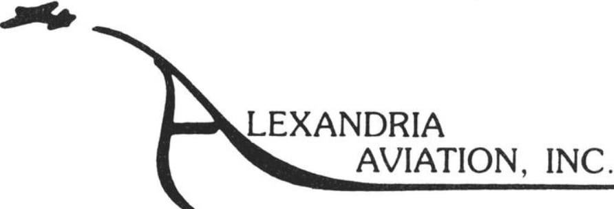 Black and white logo for Alexandria Aviation, Inc. features a stylized letter "A" forming a sweeping line that curves up to a small airplane silhouette in the top left corner.
