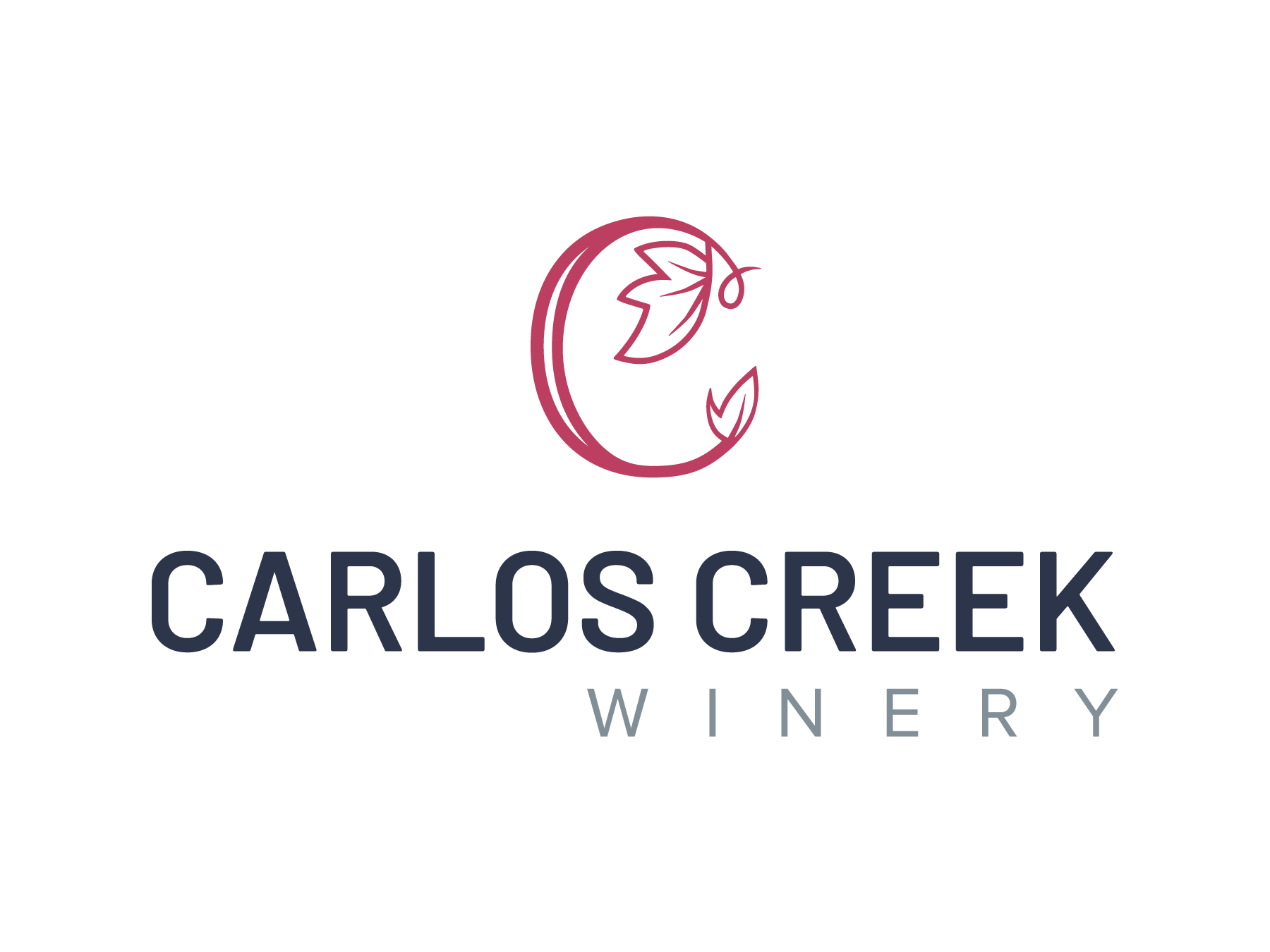 Logo for Carlos Creek Winery features a stylized red letter "C" with grapevine leaves above the bold text "CARLOS CREEK," and the word "WINERY" in lighter gray letters below, perfectly capturing the Carlos Creek Winery brand.