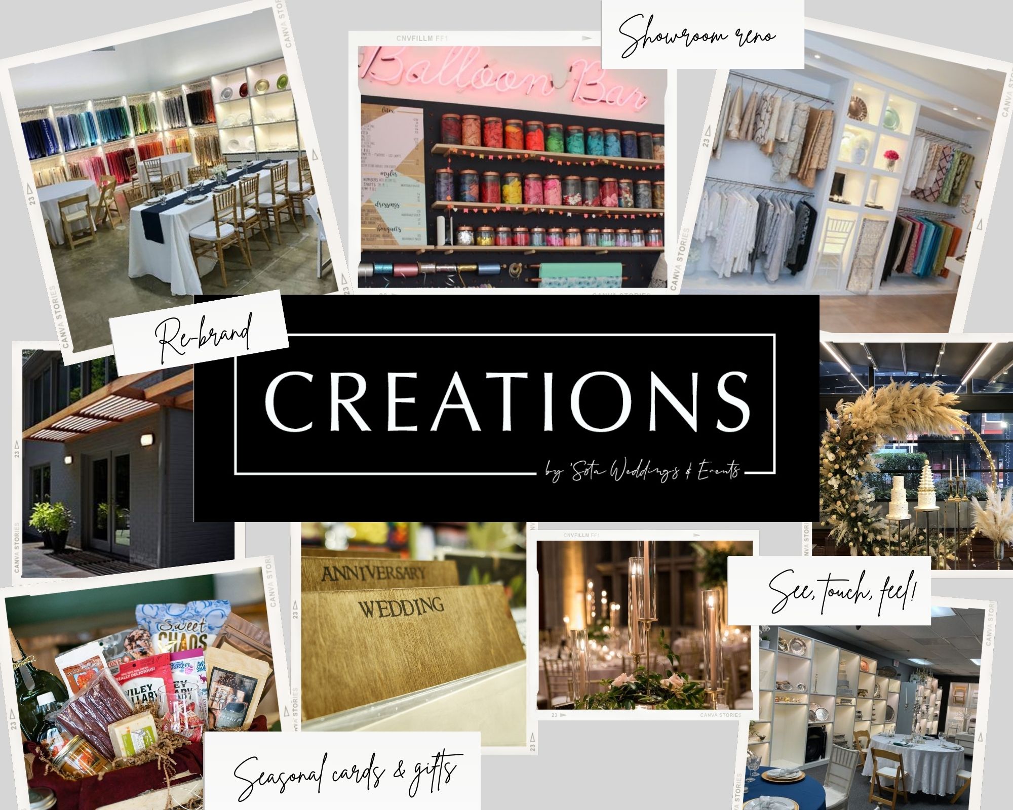 A collage showcases a fabric display, balloon bar, event showroom, storefront, engraved wooden gifts, floral wedding decor, and seasonal gift baskets. The center text reads "CREATIONS by 'Sota & Solely Maggie Events." Handwritten notes label each area.