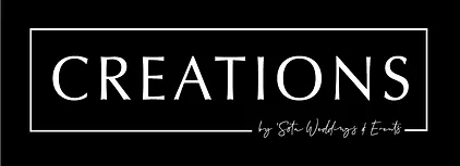 White text on a black background reads "CREATIONS" in large letters, with smaller cursive text below saying "Creations by 'Sota Weddings & Events." The text is enclosed in a thin white rectangular border.