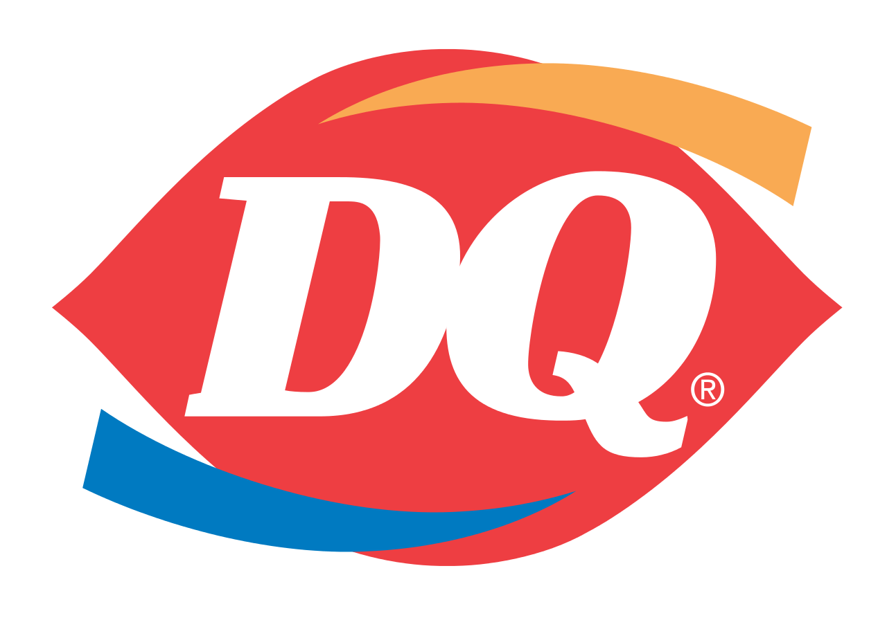 Dairy Queen (DQ) logo featuring bold white "DQ" letters on a red ellipse, with a yellow-orange swoosh above and a blue swoosh below, embodying the classic Dairy Queen brand.