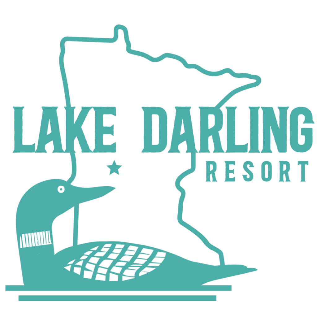 lake darling resort logo with duck in front of state of minnesota outline