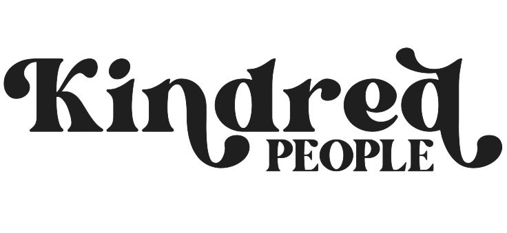 Black text on a transparent background displays "Kindred" in a large, decorative script font, with "People" featured below in a smaller, bold serif—creating an elegant logo for Kindred People.