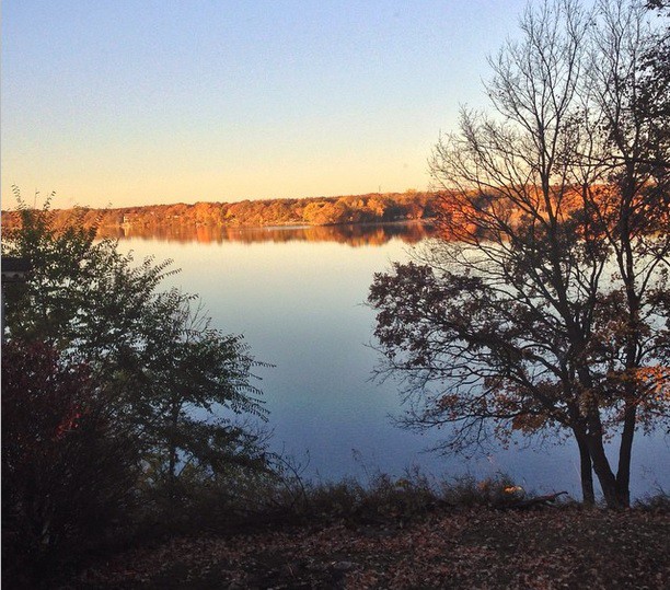 A calm Lake Geneva reflects trees with autumn foliage under a clear sky, with some bare and leafy trees in the foreground. Warm sunlight highlights golden and orange tones along the distant shore.