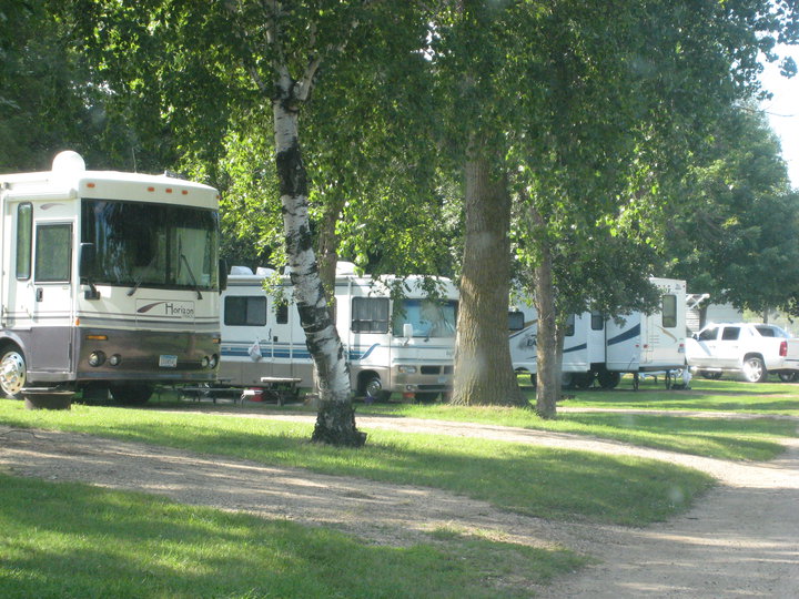 Several RVs and a white pickup truck are parked among green trees in the sunny, grassy Oak Park Campground. A dirt road curves through the scene, with picnic tables visible beside the RVs.
