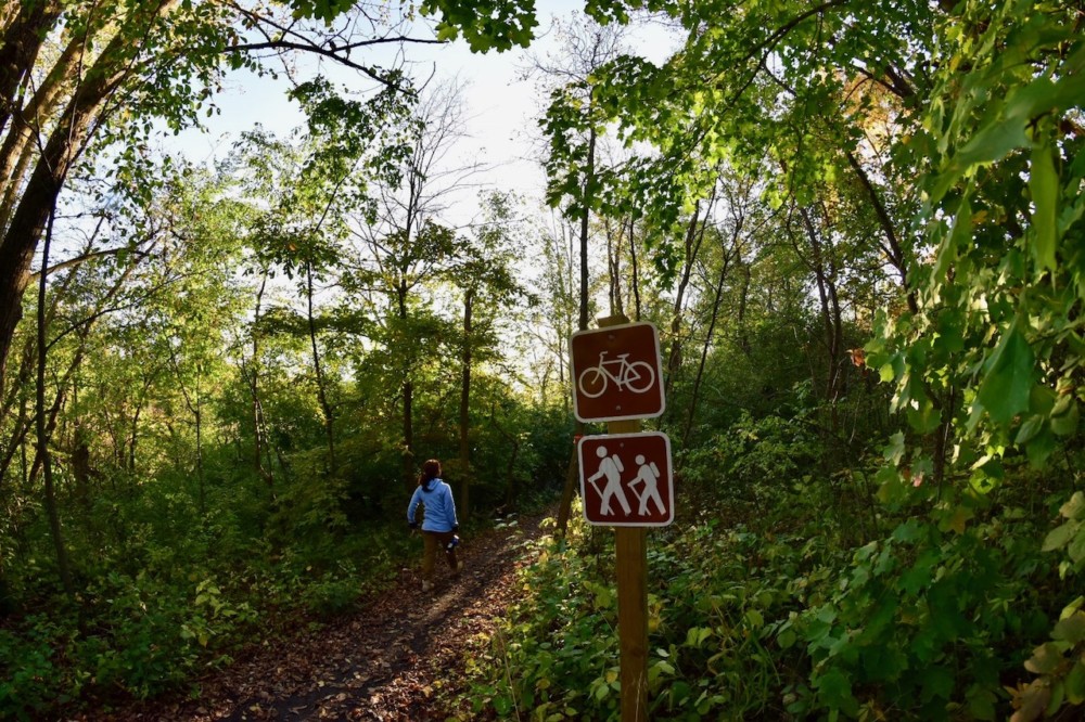 A person walks on a dirt trail through a green, wooded area in Kensington Rune Stone Park beside a sign showing symbols for bicycling and hiking. Sunlight filters through the trees, creating a peaceful forest atmosphere.