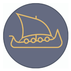 A simple, gold outline of an ancient sailboat with four circular shapes inside, set against a muted blue-gray circular background—perfect for any Scandinavian Gift Shop.