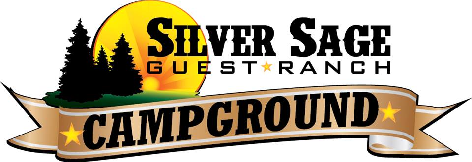 Logo for Silver Sage Ranch Guest Ranch Campground, featuring black tree silhouettes against a yellow sun and a brown ribbon banner with "CAMPGROUND" in bold letters and gold stars.