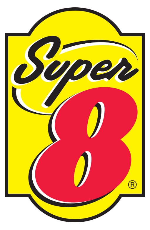 Super 8 motel logo featuring “Super” in black cursive on yellow, with a large red “8” outlined in black below, perfectly capturing the iconic Super 8 branding.