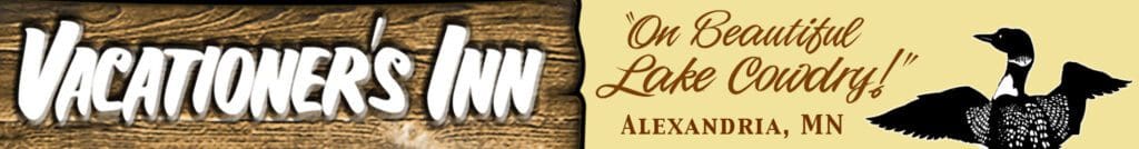Banner for Vacationer's Inn with stylized text, “On Beautiful Lake Osakis!” and “Alexandria, MN.” Features a black and white loon illustration, a woodgrain background, and highlights the welcoming charm of Vacationer's Inn.