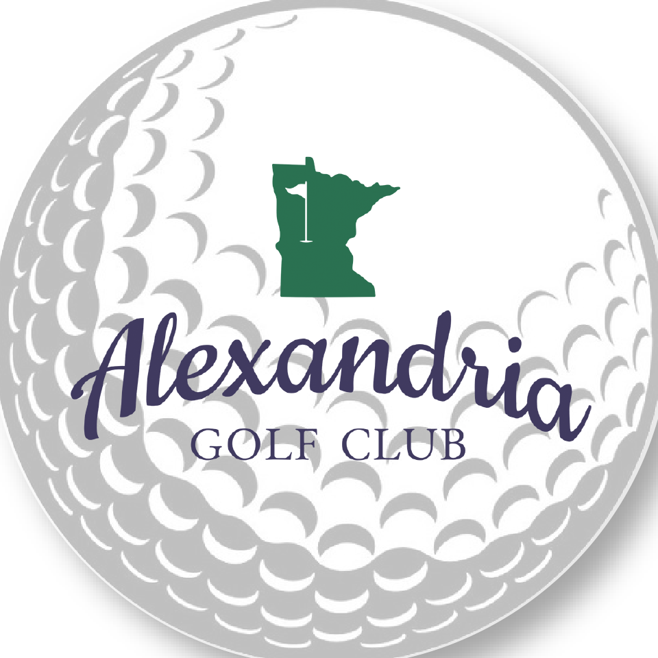 A golf ball with dimples features the Alexandria Golf Club name and a green silhouette of Minnesota with a golf flag inside it.