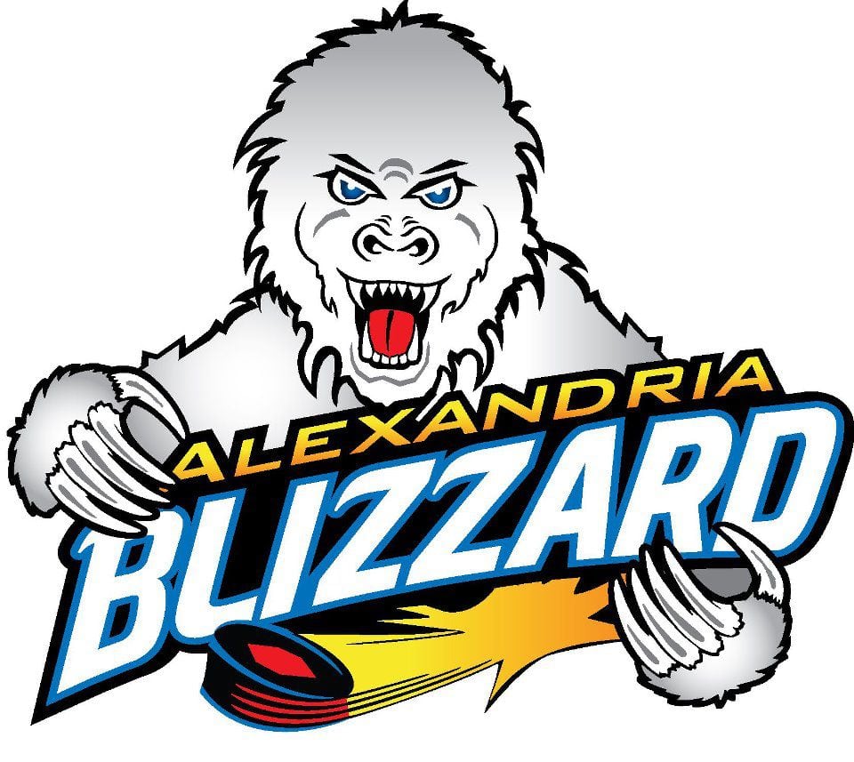 Logo for the Alexandria Blizzard featuring a fierce, white yeti with blue eyes and claws, gripping the team name "Blizzard" above a hockey puck and icy trail. "Alexandria" is boldly displayed above "Blizzard." Perfect for Alexandria Blizzard fans!.