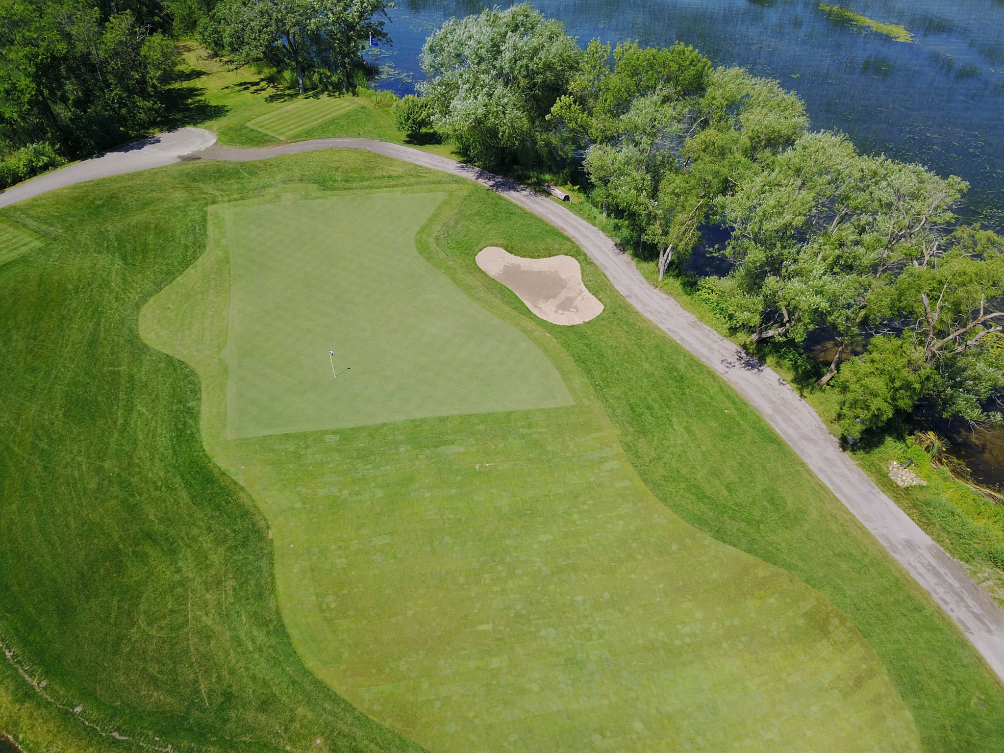 Aerial view of Alexandria Golf Club’s green with a putting hole, surrounding fairway, a sand bunker, a paved path, and trees by a body of water.