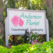 A sign for "Anderson Florist Greenhouses & Landscaping" stands among green plants and flowers, with trees visible in the background, highlighting one of the best local greenhouses. The sign features pink rose illustrations.