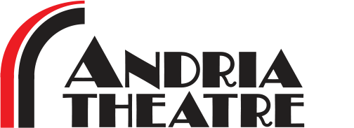 Logo for Andria Theatre. The design features bold, black art deco-style text reading "Andria Theatre," with a large curved black line and a thin red line on the left side, reflecting the theatre's iconic style.