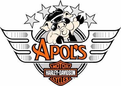Logo for Apols Harley Davidson features a cartoon pig in sunglasses and leather, five stars, wings, and the classic Harley-Davidson Motor Cycles emblem.