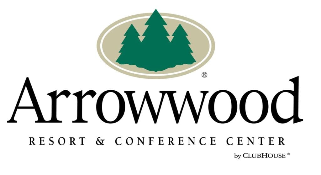 Logo for Arrowwood Resort featuring three green pine trees inside an oval above the name in bold text, with "Resort & Conference Center" and "by Clubhouse" elegantly displayed below.
