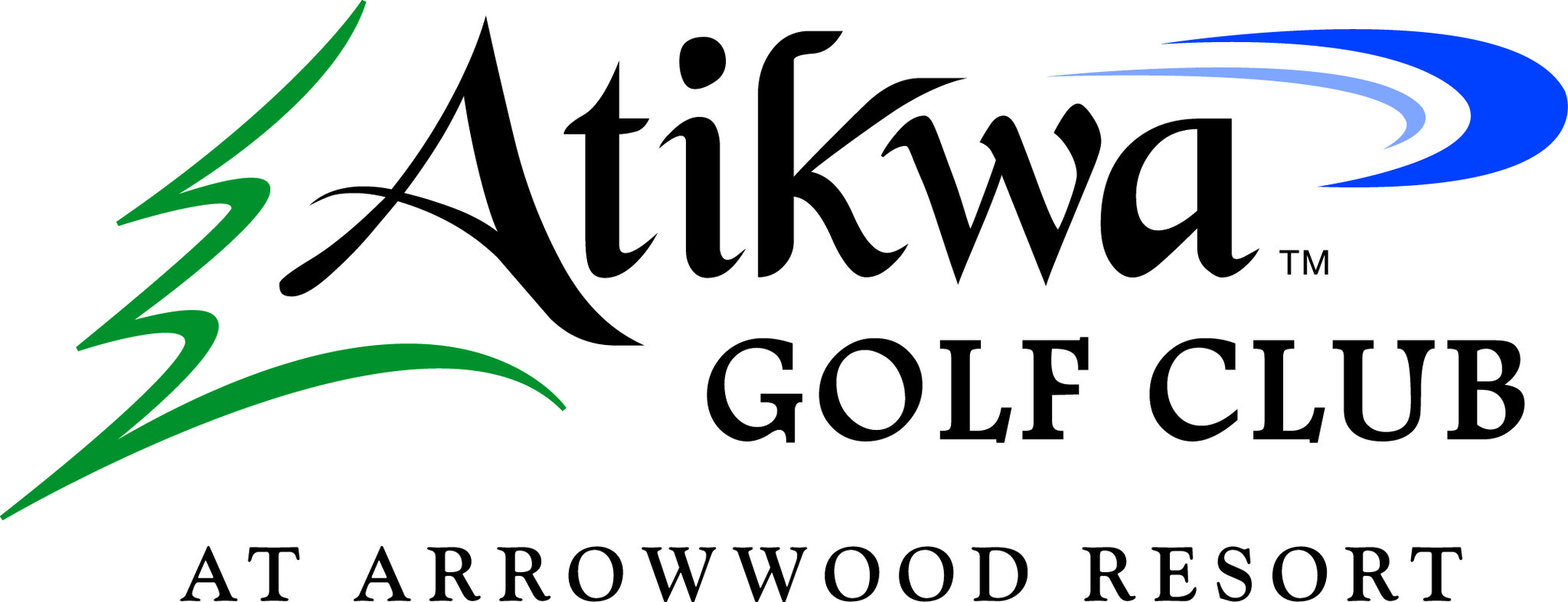Logo for Atikwa Golf Course at Arrowwood Resort, featuring stylized black text, a green abstract arrow-like design, and a blue swoosh above the word "Atikwa.