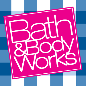 The Bath & Body Works logo features bold white text on a bright pink square, tilted slightly, set against the iconic blue and white checkered background.