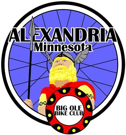 Logo for Alexandria, Minnesota, featuring a Viking with a blonde beard, helmet, spear, and shield displaying "Big Ole Bike Club." Above a blue bicycle wheel background, the text reads "Alexandria Minnesota." Perfect for Big Ole Bike Club enthusiasts.