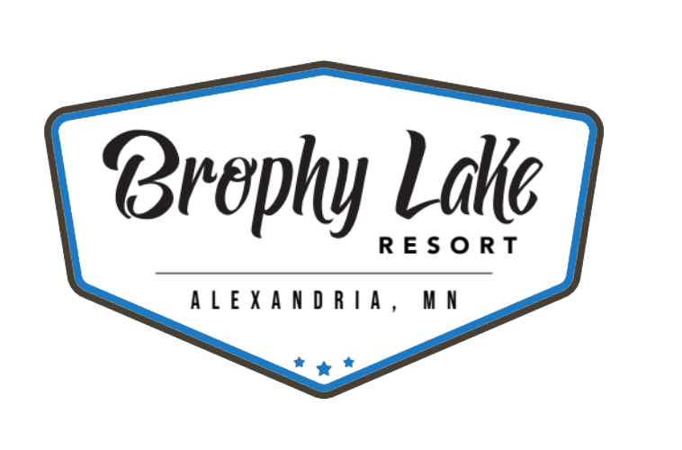 A blue and white badge-shaped logo featuring "Brophy Lake Resort" and "Alexandria, MN" beneath it, accented by three small blue stars at the bottom.