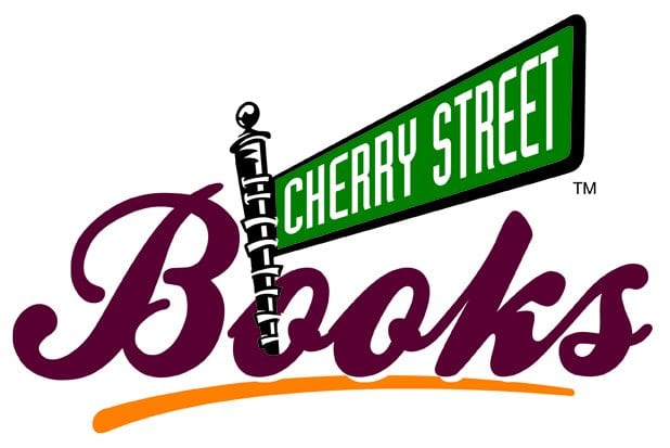 Logo for Cherry Street Books featuring a green street sign reading "Cherry Street" above the word "Books" in large, cursive purple letters with an orange underline, capturing the inviting spirit of Cherry Street Books.