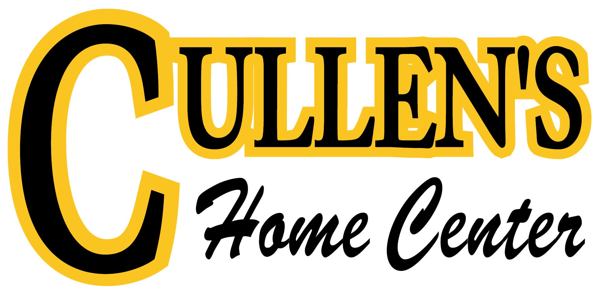 Logo for Cullen's Home Center featuring "Cullen's" in large, bold yellow and black letters, with "Home Center" in a smaller, black script font underneath for a professional look.