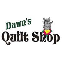Logo for Dawn's Quilt Shop features a gray cat sitting on a colorful quilt square. “Dawn’s Quilt Shop” appears in playful fonts, with the charming cat perched above "Shop"—capturing the welcoming spirit of Dawn's Quilt Shop.