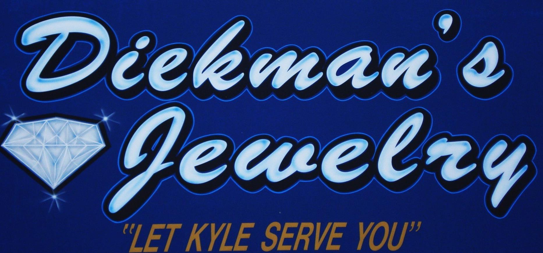 A blue sign features “Diekman’s Jewelry” in large, white script beside a diamond illustration. Below, yellow letters invite with the message, “LET KYLE SERVE YOU.” Visit Diekman's Jewelry for exceptional service.