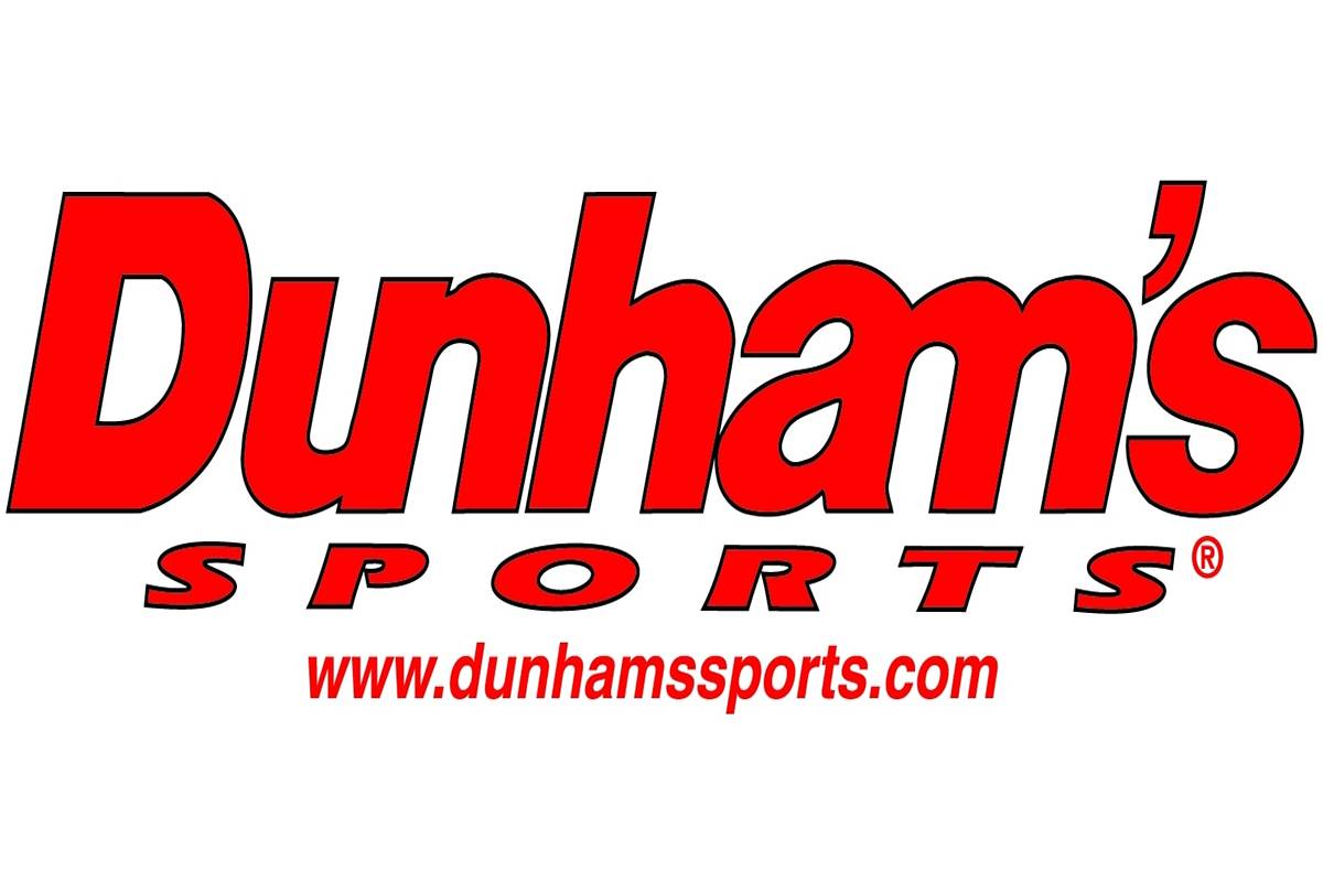 The Dunham's Sports logo in bold red text, featuring "www.dunhamssports.com" below, is displayed on a clean white background. Perfect for showcasing the Dunham's Sports brand online.