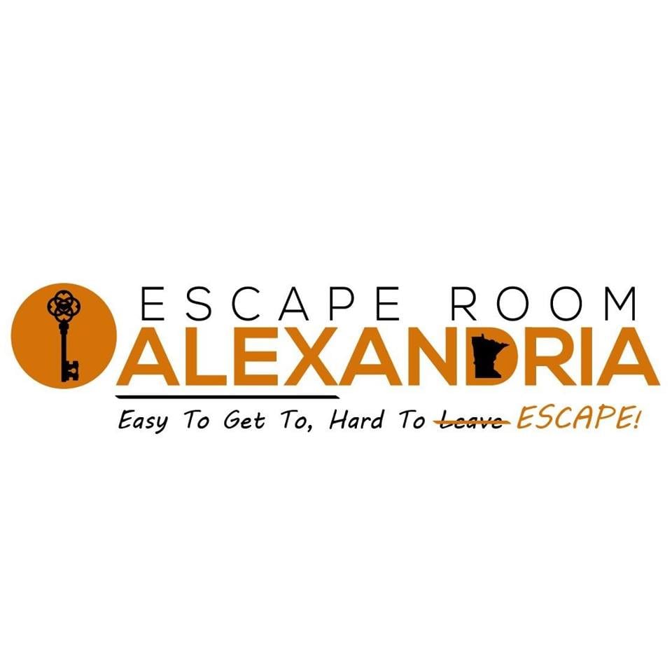 Logo for Escape Room Alexandria. The word "Alexandria" features a key and a silhouette of Minnesota as the "I." Tagline reads: "Easy to get to, hard to escape!" with "leave" crossed out and replaced by "escape.