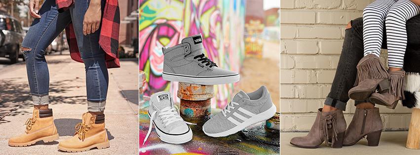 A collage shows: left, a person wearing tan boots and ripped jeans; center, three pairs of sneakers from Famous Footwear floating in front of a colorful wall; right, people in ankle boots with fringe details, sitting on a bench.