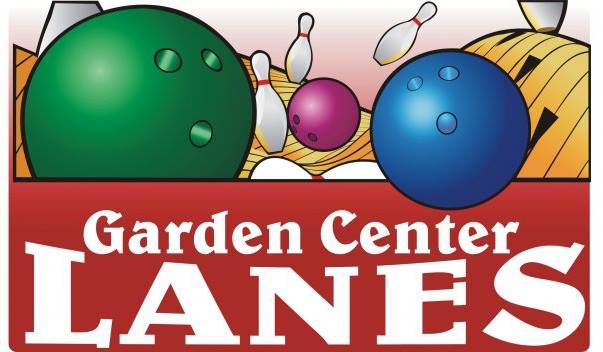 Illustration of green, purple, and blue bowling balls with pins and a stylized lane in the background. The text "Garden Center Lanes" appears in bold white letters on a vibrant red background.