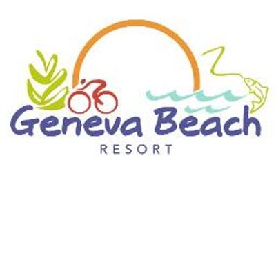 Logo for Geneva Beach Resort featuring a stylized sun, a bicycle, leaves, water waves, and a fish on a fishing line above the playful blue “Geneva Beach Resort” text.