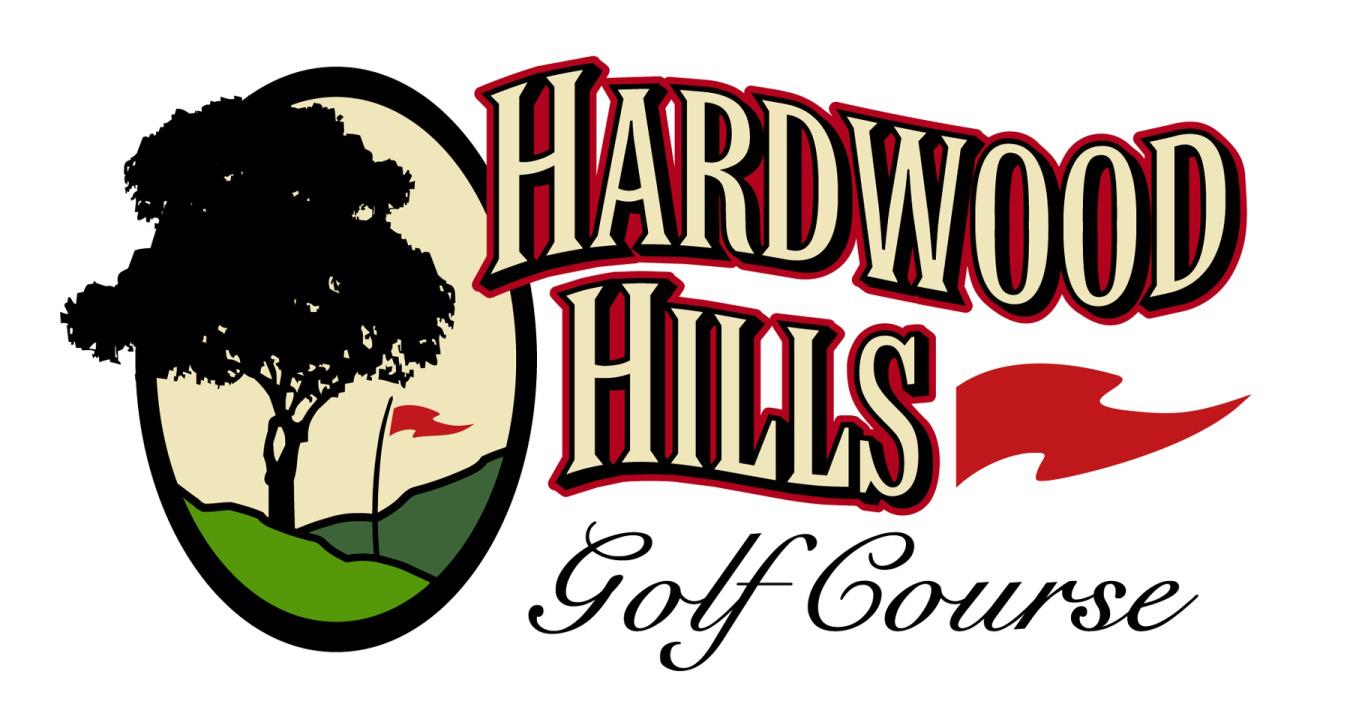 Logo for Hardwood Hills Golf Course featuring a tree silhouette on a hill beside red flags, with "Hardwood Hills Golf Course" in bold red and tan lettering and "Golf Course" in elegant black script.
