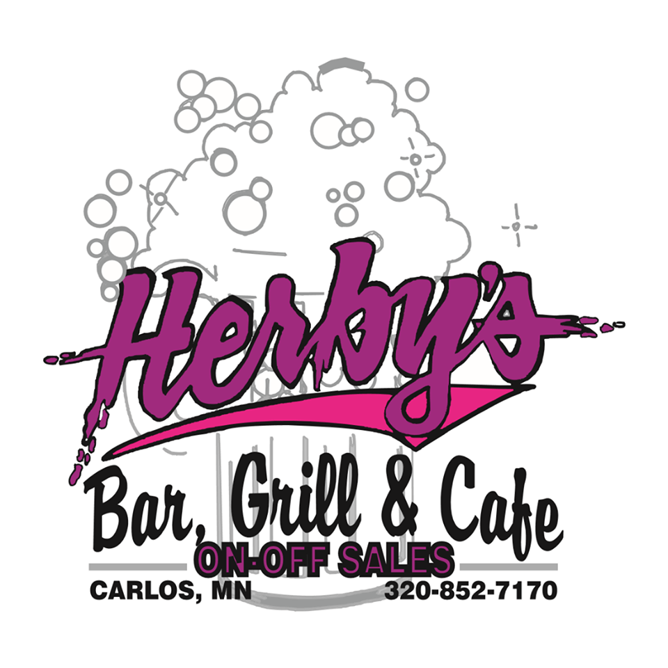 Logo for Herby's Bar, Grill & Cafe featuring stylized pink and black text over a frothy beer mug illustration. Includes "On-Off Sales," contact information for Herby's in Carlos, MN, and a phone number.