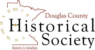 Logo for the Douglas County Historical Society featuring an outline of Minnesota with Roman numerals as clock numbers, and the tagline "history is timeless" below, celebrating Douglas County's timeless heritage.