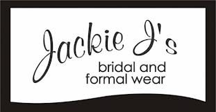 Logo for Jackie J's bridal and formal wear, featuring "Jackie J's" in a large, elegant cursive font above "bridal and formal wear" in a smaller, simple font, all on a white background with a sleek black border.