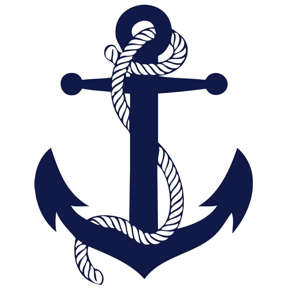 A dark blue anchor with a white rope coiled around it, set against a plain white background, evokes the spirit of water sports and adventure at Lake Carlos Marina.