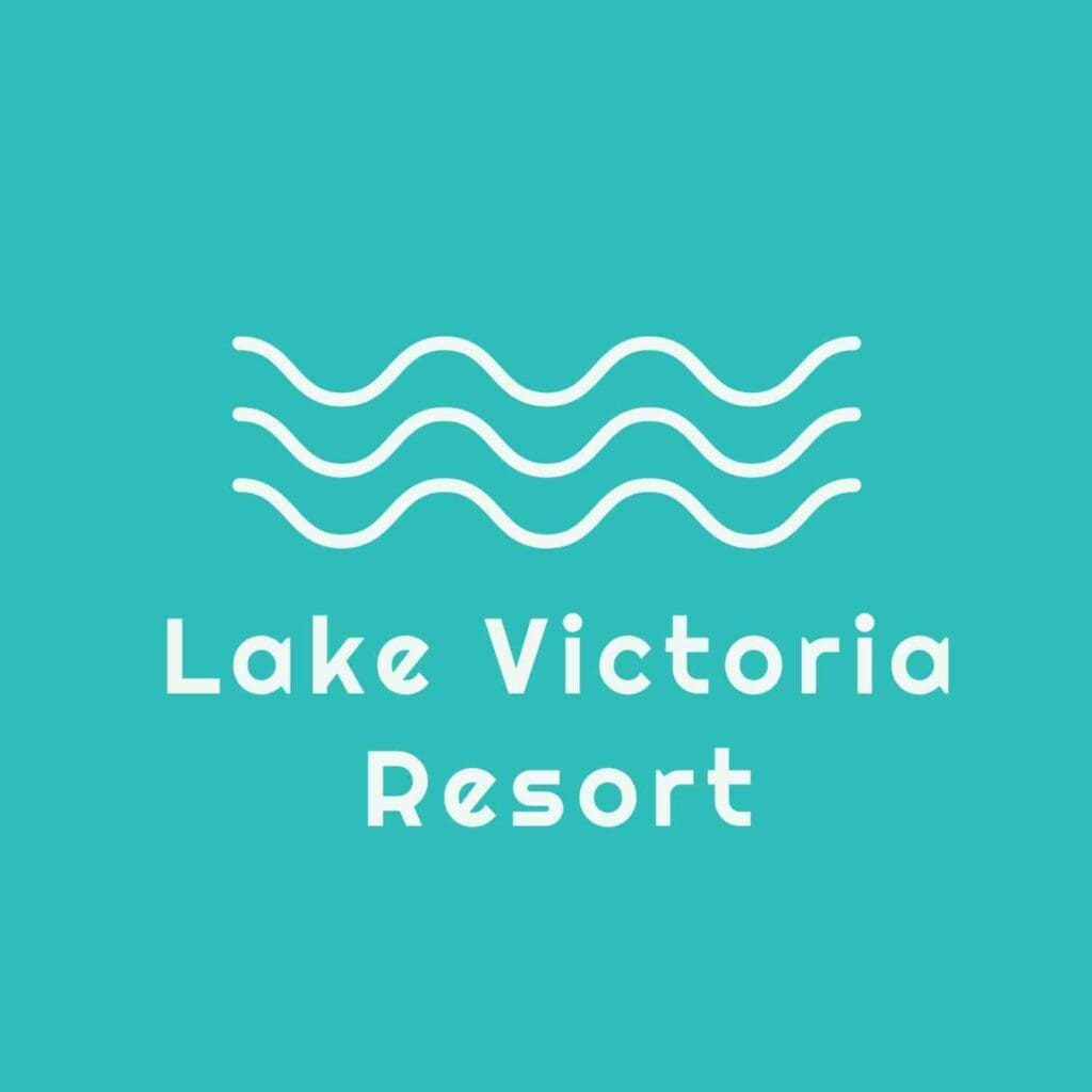 A turquoise logo for Lake Victoria Resort features three wavy white lines above the rounded white text "Lake Victoria Resort.