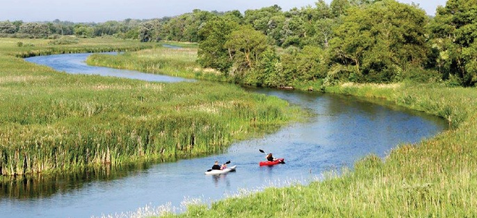 Two people paddle kayaks down the winding Long Prairie River State Water Trail, surrounded by tall green grass and trees under a clear sky.