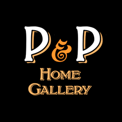 Logo for "Past & Present Home Gallery" features bold white and orange letters on a black background. "P & P" is on top, with "Home Gallery" below in a decorative gold font.