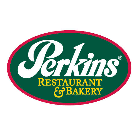 Logo for Perkins Restaurant & Bakery featuring "Perkins" in large white script and "RESTAURANT & BAKERY" in yellow capitals, all within a green oval outlined in red, representing the classic Perkins Restaurant brand.