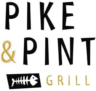 Logo for Pike and Pint Grill, a bar and grill restaurant, featuring stylized text and a fish skeleton graphic inside a black rectangle. The word "GRILL" is written in gold letters beneath the fish skeleton.